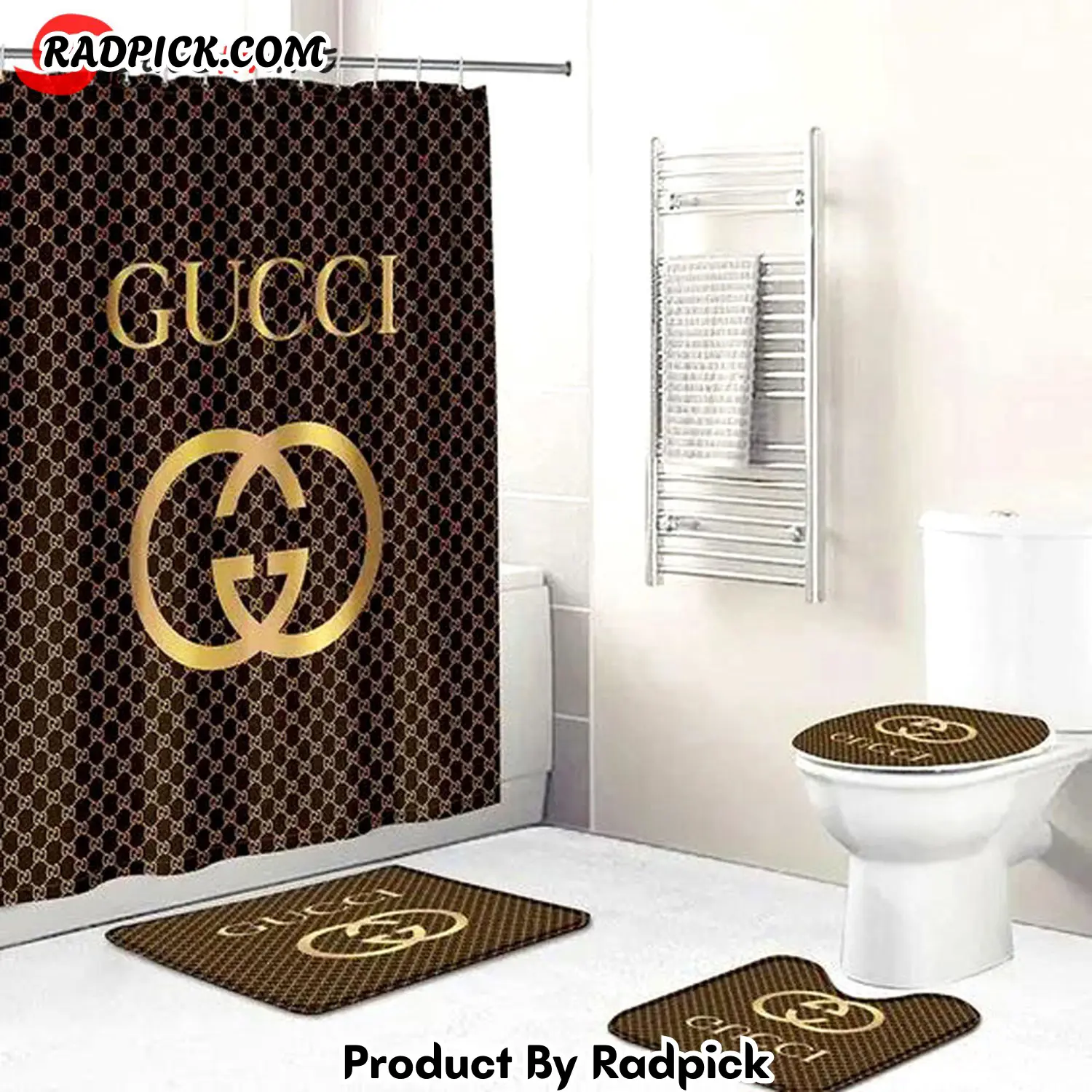 Gucci brown gold bathroom set hot luxury shower curtain bath rug mat home decor 240 bathroom accessory sets rp387773